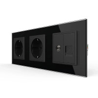 Розетка трехместная комбинированная Силовая Интернет Livolo черное стекло (VL-C7C2EU1CK0-12)