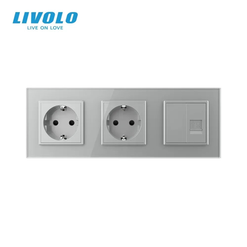 Розетка тримісна комбінована Силова Інтернет Livolo сірий скло (VL-C7C2EU1CK0-15)