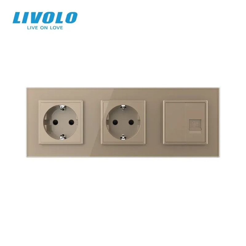 Розетка трехместная комбинированная Силовая Интернет Livolo золото стекло (VL-C7C2EU1CK0-13)