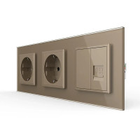 Розетка трехместная комбинированная Силовая Интернет Livolo золото стекло (VL-C7C2EU1CK0-13)