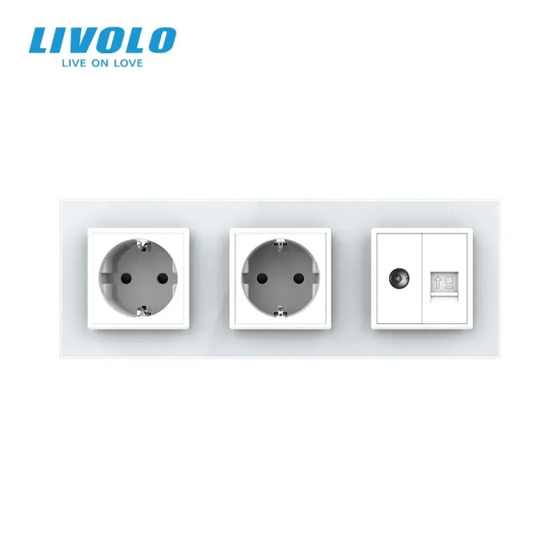 Розетка тримісна комбінована Силова Інтернет ТБ Livolo білий скло (VL-C7C2EU1C1V-11)