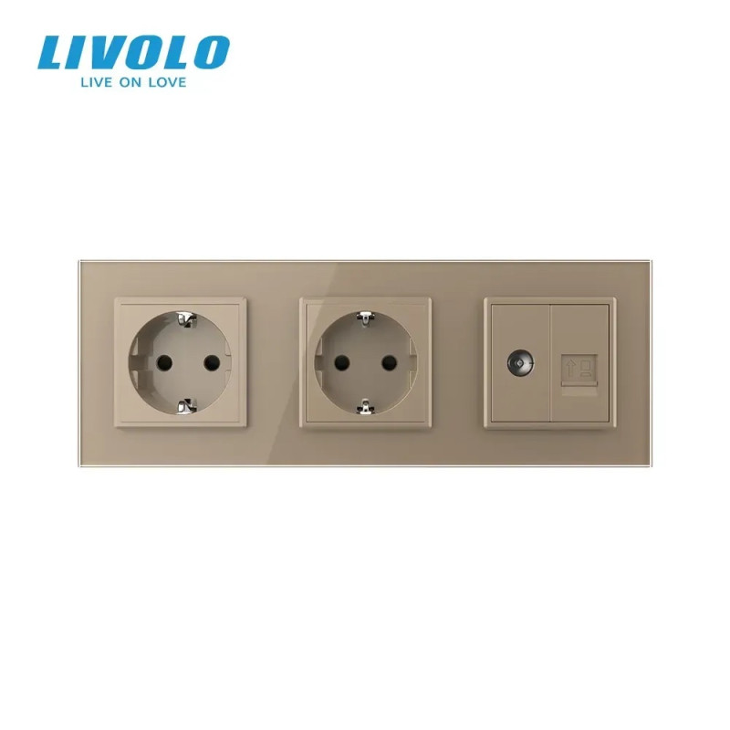 Розетка трехместная комбинированная Силовая Интернет ТВ Livolo золото стекло (VL-C7C2EU1C1V-13)