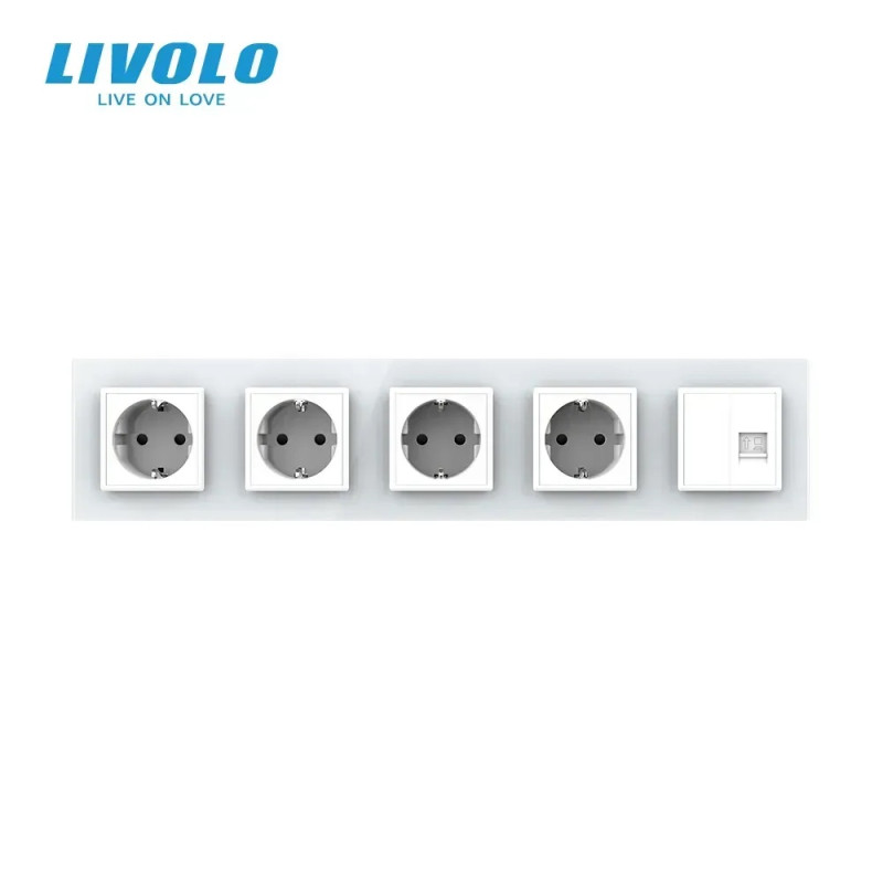 Розетка пятиместная комбинированная Силовая Интернет Livolo белое стекло (VL-C7C4EUK01C-11)
