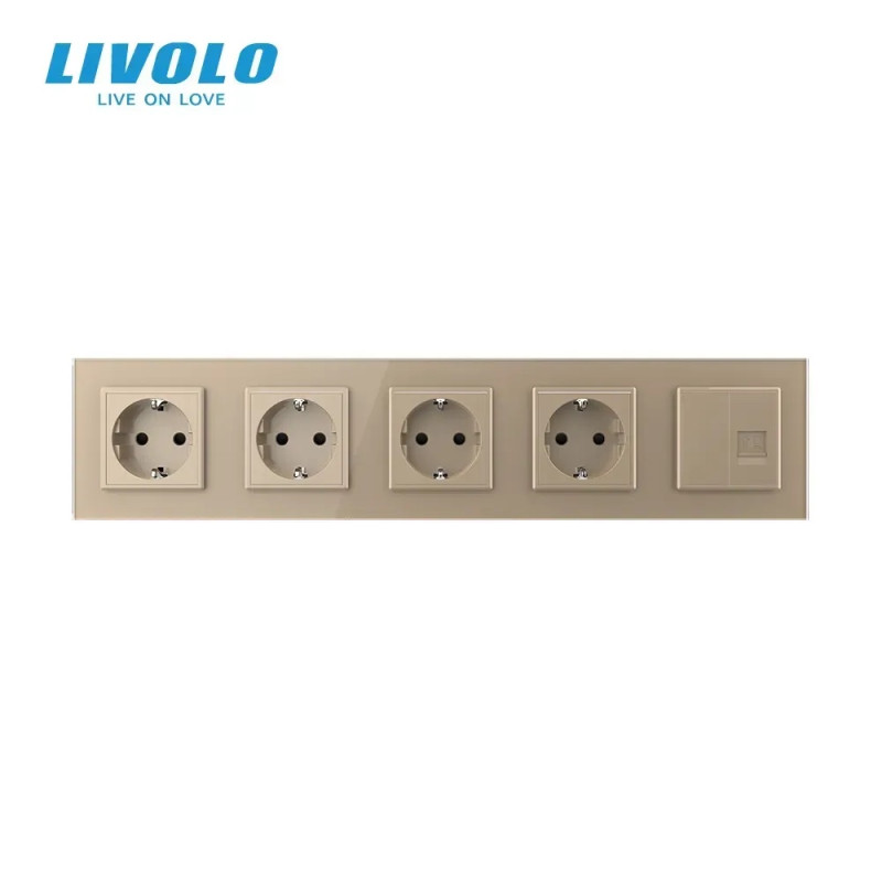 Розетка пятиместная комбинированная Силовая Интернет Livolo золото стекло (VL-C7C4EUK01C-13)