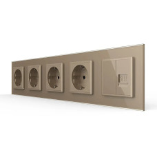 Розетка пятиместная комбинированная Силовая Интернет Livolo золото стекло (VL-C7C4EUK01C-13)