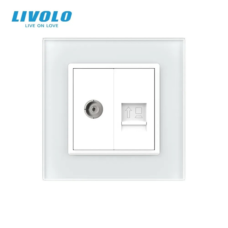 Розетка комп'ютерна RJ-45 і ТБ розетка LIVOLO біла матова скло