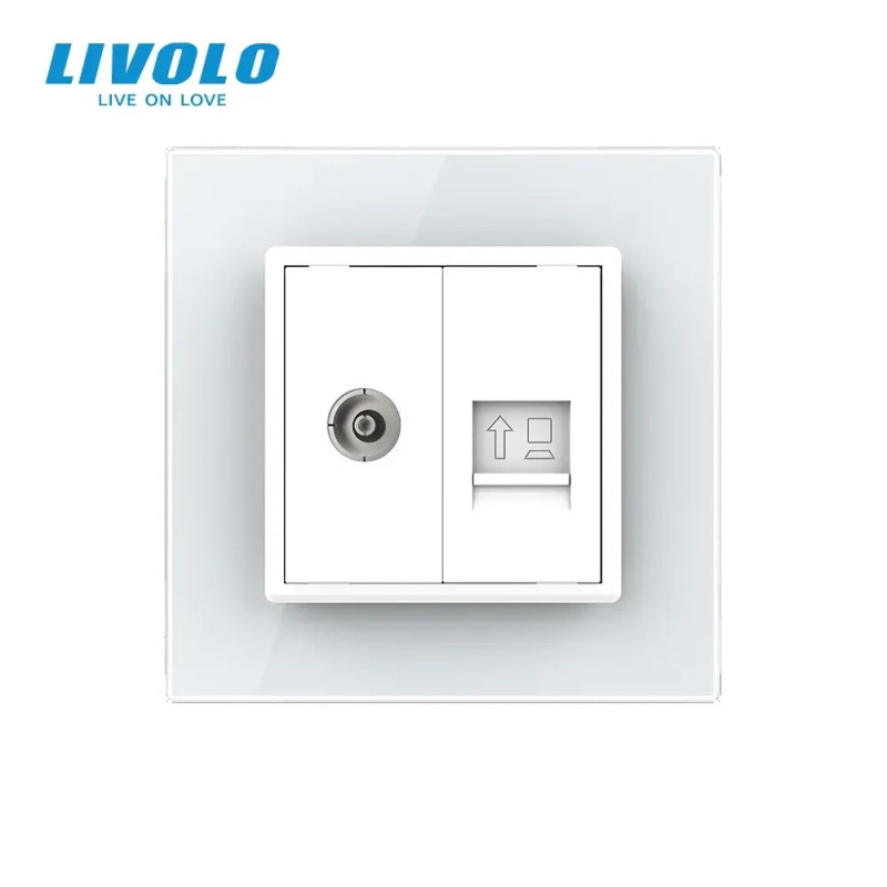 Розетка компьютерная RJ-45 и ТВ розетка Livolo белое стекло (VL-C791VC-11)