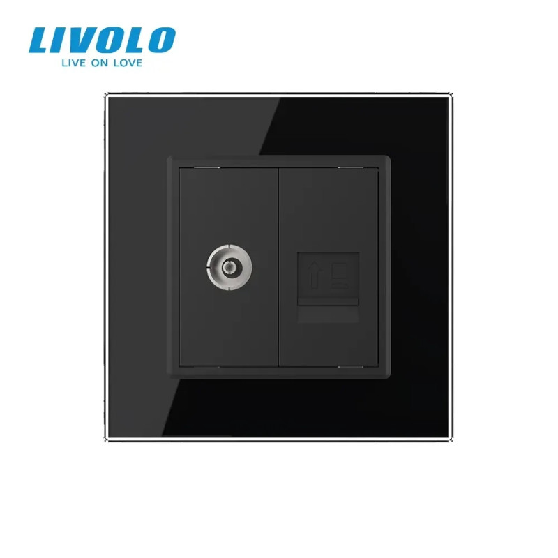 Розетка компьютерная RJ-45 и ТВ розетка Livolo черное стекло (VL-C791VC-12)