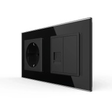 Розетка двухместная комбинированная Силовая Интернет LIVOLO черное матовое стекло