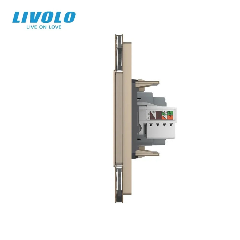 Розетка двомісна комбінована Силова Інтернет LIVOLO золота матова скло