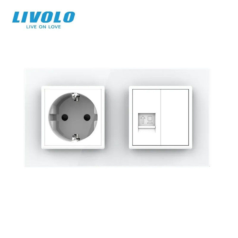Розетка двухместная комбинированная Силовая Интернет Livolo белое стекло (VL-C7C1EUK01C-11)