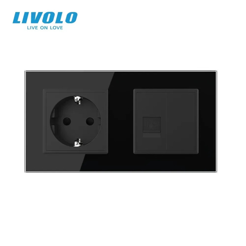 Розетка двухместная комбинированная Силовая Интернет Livolo черное стекло (VL-C7C1EUK01C-12)