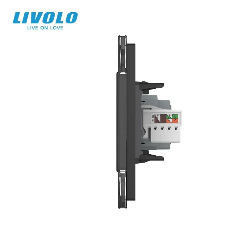 Розетка двухместная комбинированная Силовая Интернет Livolo черное стекло (VL-C7C1EUK01C-12)