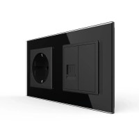 Розетка двухместная комбинированная Силовая Интернет Livolo черное стекло (VL-C7C1EUK01C-12)