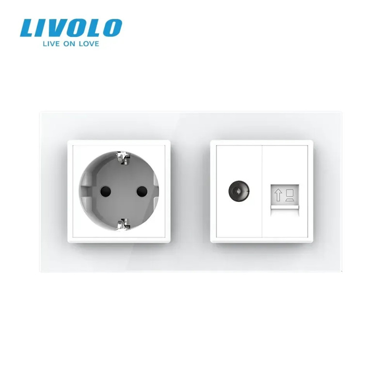 Розетка двомісна комбінована Силова Інтернет ТБ LIVOLO біла матова скло
