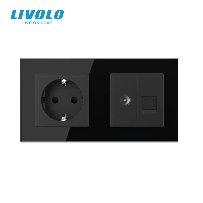 Розетка двомісна комбінована Силова Інтернет ТБ LIVOLO чорна матова скло