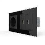 Розетка з заземленням з 2 USB розетками LIVOLO чорна матова скло