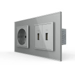Розетка з заземленням з 2 USB розетками LIVOLO сіра матова скло