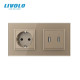 Розетка с заземлением с 2 USB розетками LIVOLO золотое матовое стекло