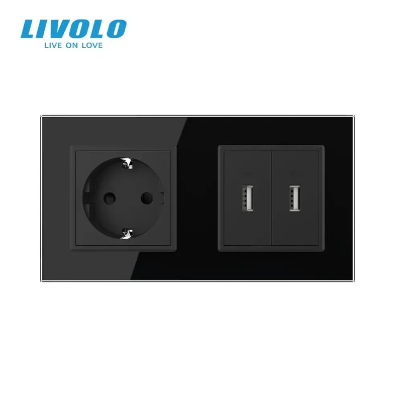 Розетка с заземлением с 2 USB розетками Livolo черное стекло (VL-C7C1EU2USB-12)
