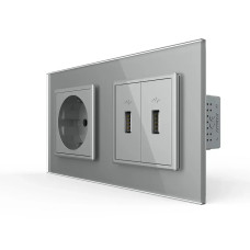 Розетка с заземлением с 2 USB розетками Livolo серое стекло (VL-C7C1EU2USB-15)