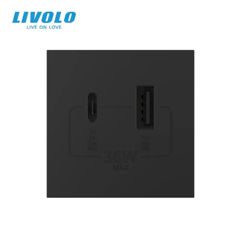 Розетка LIVOLO USB-A+USB-C PD 36Вт, черная, быстрая зарядка, Power Delivery QC 3.0, модуль (VL-FC