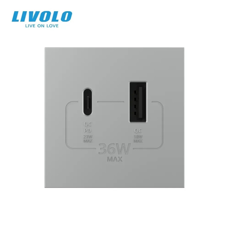Розетка LIVOLO USB-A+USB-C PD 36Вт, серая, быстрая зарядка, Power Delivery QC 3.0, модуль (VL-FCU