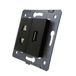 Розетка LIVOLO універсальна + USB зарядка 5V 2.1A, чорна, 16А 230В, з шторками, модуль (C7-C1A1USB-1