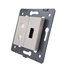Розетка LIVOLO универсальная + USB зарядка 5V 2.1A, серая, 16А 230В, со шторками, модуль (C7-C1A1USB-15