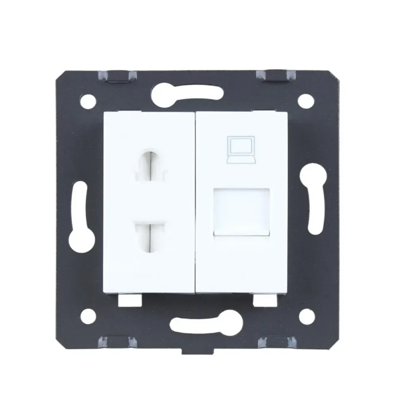 Розетка LIVOLO: универсальная 2-в-1+компьютерная RJ-45 (8P8C Cat.6), белая, со шторкой, модуль (C7-C1