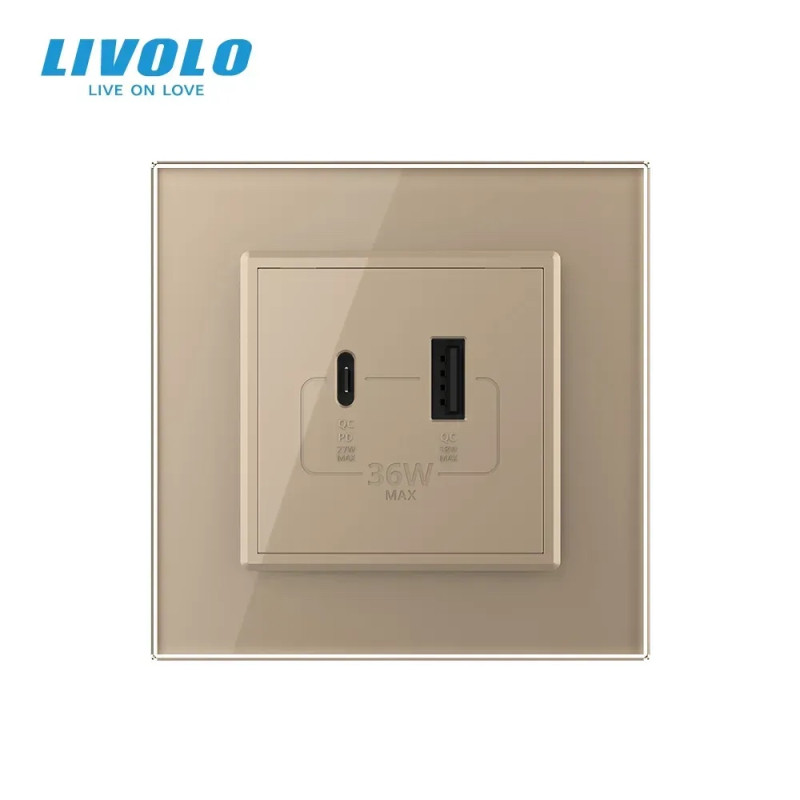 Розетка USB-A и USB-C с Power Delivery 36W LIVOLO золотое матовое стекло