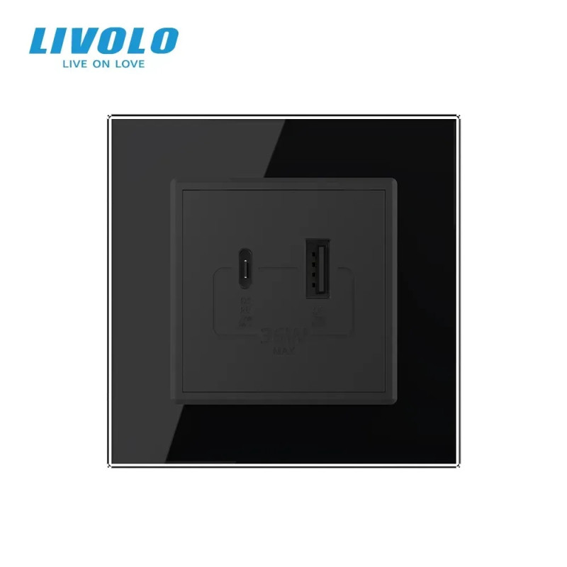 Розетка USB-A и USB-C с Power Delivery 36W Livolo черное стекло (VL-C7FCUA18W.UC18W-2BP)