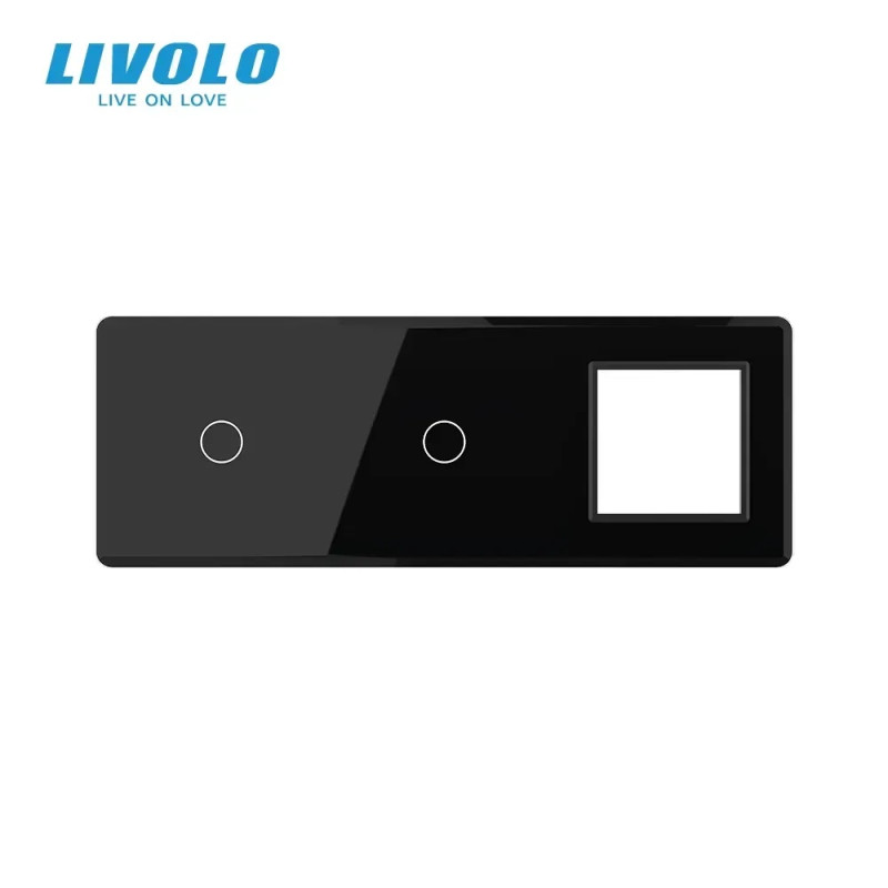 Рамка 3-постова для двох 1-сенсорних вимикачів і розетки (1-1-0) LIVOLO, загартоване скло, чорна 2.5