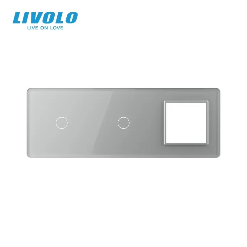 Рамка 3-постова для двох 1-сенсорних вимикачів і розетки (1-1-0) LIVOLO, загартоване скло, сіра 2.5D