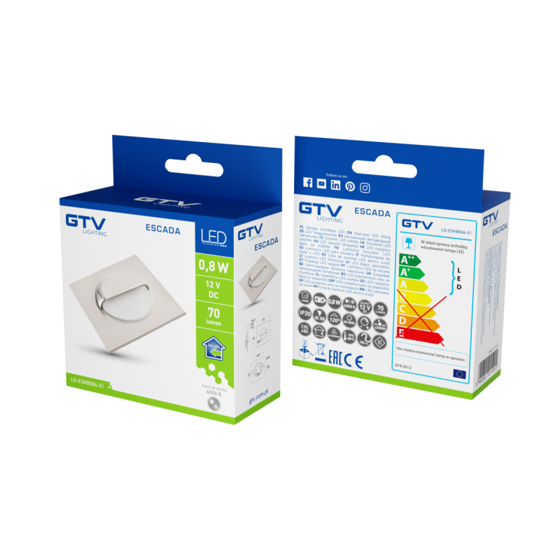Лестничный светодиодный светильник GTV ESCADA 0,8W 4000K 12V IP20 квадрат матовый LD-ESKB084-51