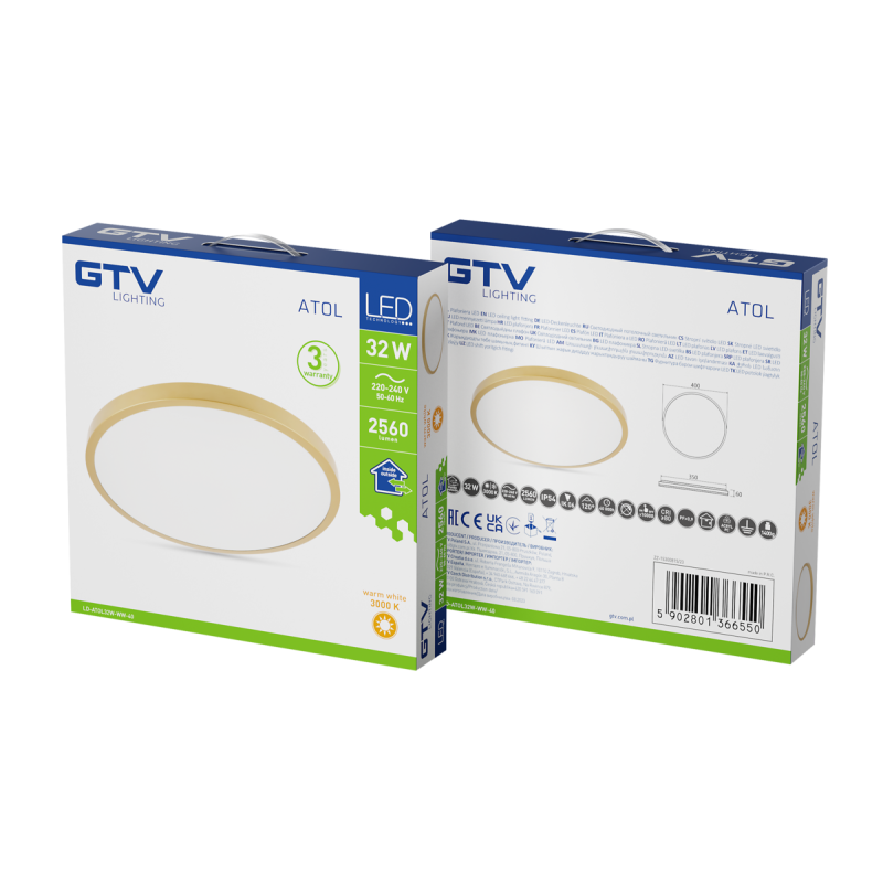 Светильник светодиодный ATOL Ø400mm 3000K 32W 2560lm AC180-250V 50/60 Hz IP54 GTV LD-ATOL32W-WW-40