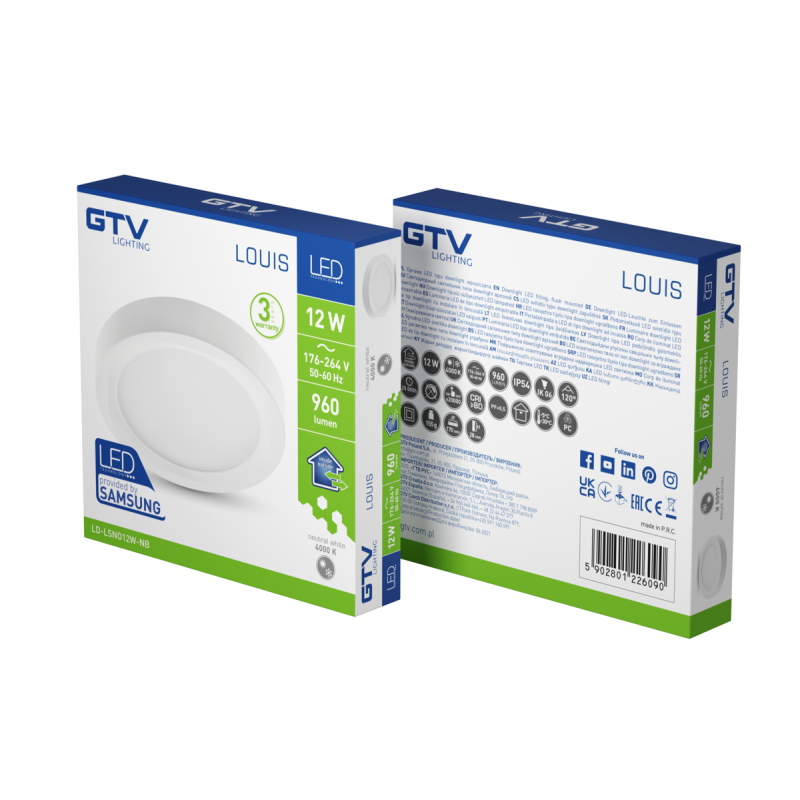 Светильник светодиодный накладной LOUIS 12 Вт 960 Лм 4000K AC176-264В 50-60 Гц IP54 круглый GTV LD-LSNO12W-NB