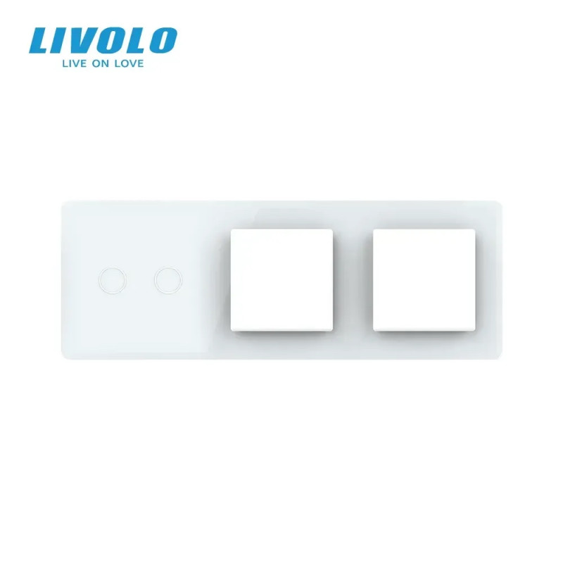 Рамка 3-постова для 2-сенсорного вимикача і 2 розеток (2-0-0) LIVOLO, загартоване скло, біла 2.5D, 2