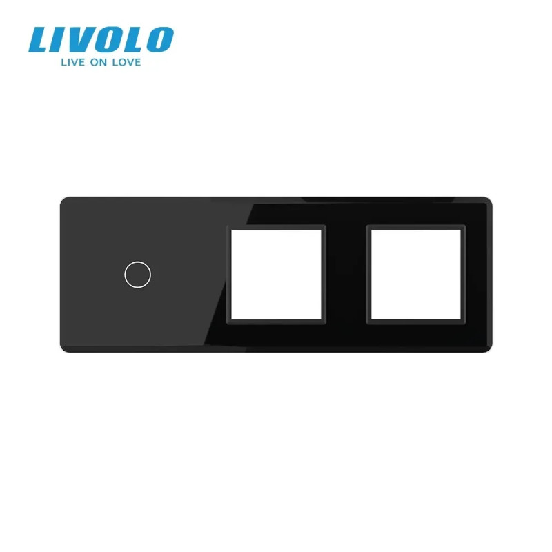 Рамка 3-постовая для 1-сенсорного выключателя и 2 розеток (1-0-0) LIVOLO, закаленное стекло, черная 2.5D,