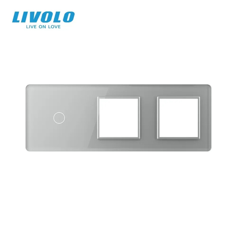 Рамка 3-постова для 1-сенсорного вимикача і 2 розеток (1-0-0) LIVOLO, загартоване скло, сіра 2.5D, 2