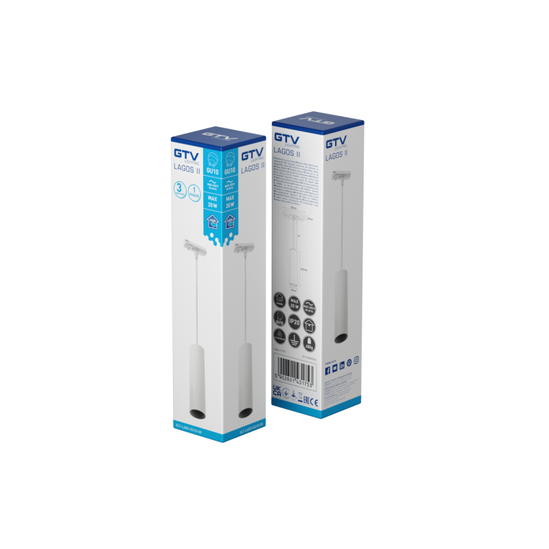 Трековий світильник 1-фазовий LAGOS II max.250V 50/60Hz GU10 IP20 max 20W білий GTV XLT-LAGO-GU10-00