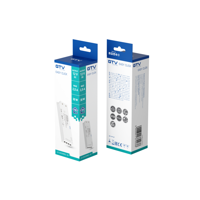 Блок питания светодиодный SLIM EASY CLICK 12В 15Вт input 220-240В AC IP20 размеры 129x42x16 мм GTV LD-ZAS15WEC-30
