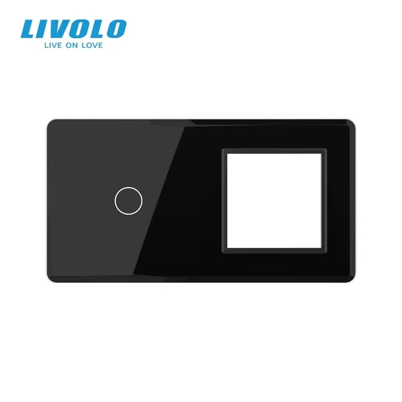 Рамка 2-постова для 1-сенсорного вимикача та розетки (1-0) LIVOLO, загартоване скло, чорна 2.5D, 151