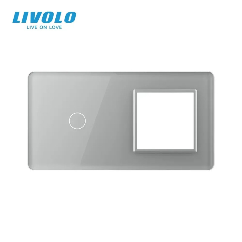 Рамка 2-постова для 1-сенсорного вимикача та розетки (1-0) LIVOLO, загартоване скло, сіра 2.5D, 151×
