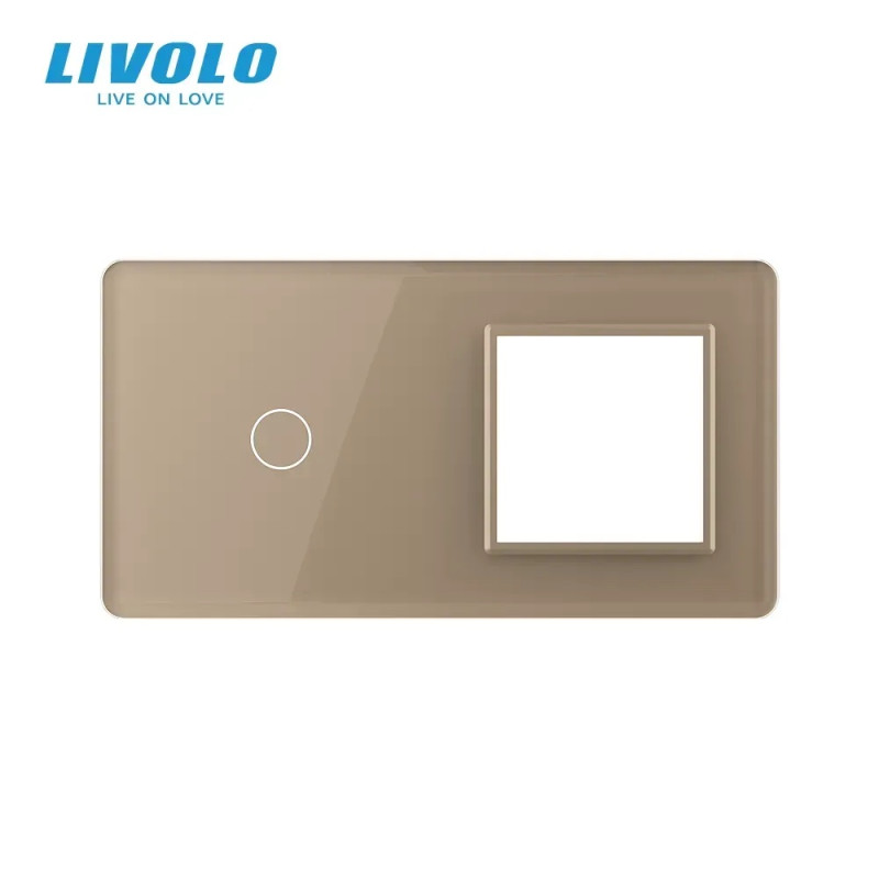 Рамка 2-постова для 1-сенсорного вимикача та розетки (1-0) LIVOLO, загартоване скло, золота 2.5D, 15