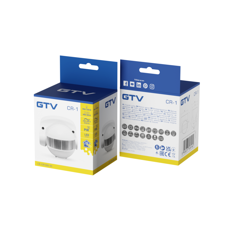 Датчик движения CR-1 макс 1200 Вт угол обнаружения 180° 10 м ± 1,8- 2,5 м IP44 белый GTV CR-CR1000-00