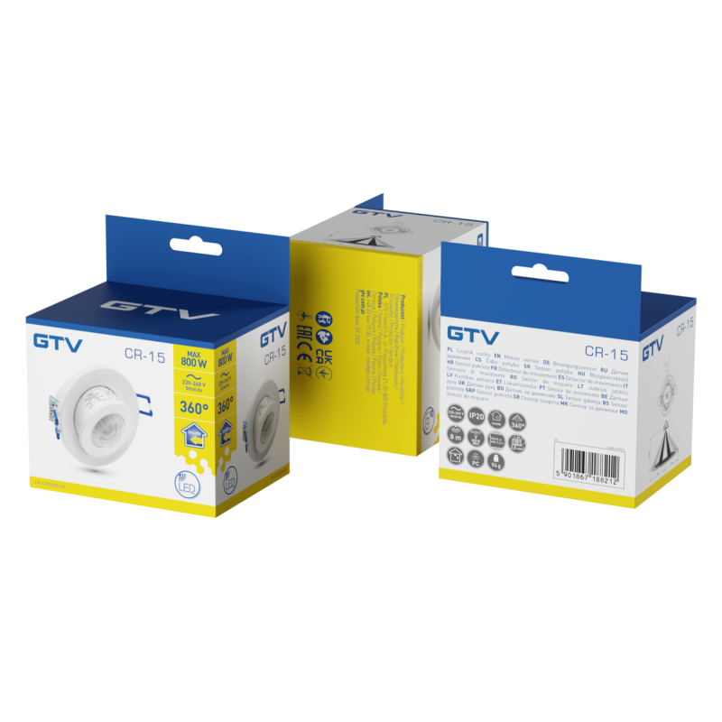Датчик руху CR-15 макс 800 Вт кут виявлення 360° 8 м ± 2,2-4 м IP20 бiлий GTV CR-CR15000-00