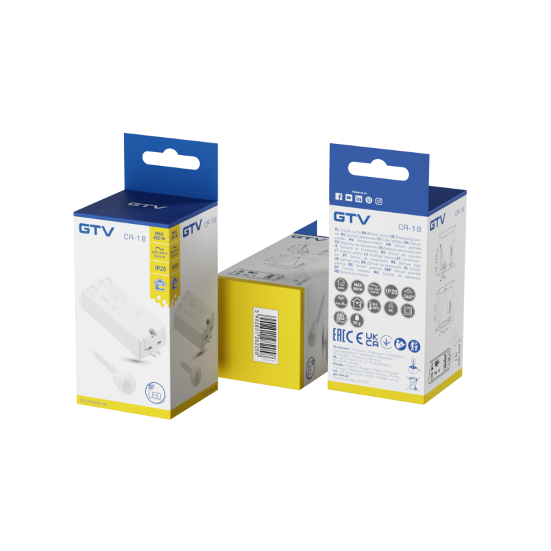 Датчик движения CR-18 макс 800 Вт угол обнаружения 360° 8 м IP20 белый GTV CR-CR18000-00