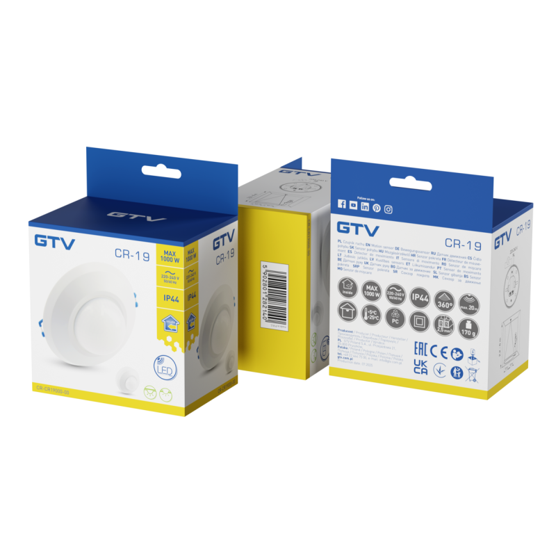 Датчик движения CR-19 макс 1000 Вт угол обнаружения 360° 20 м IP44 белый GTV CR-CR19000-00