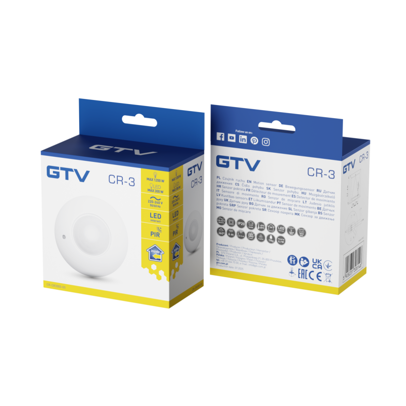 Датчик движения CR-3 макс 1200 Вт угол обнаружения 360° 6 м ± 2,2-4 м IP20, белый GTV CR-CR3000-00